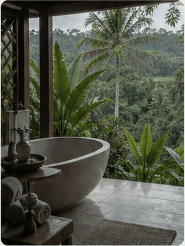 Open-air Bali bath facing lush jungle