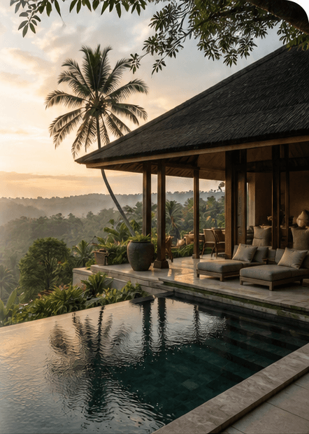 Bali retreat villa, pool, and jungle at sunrise