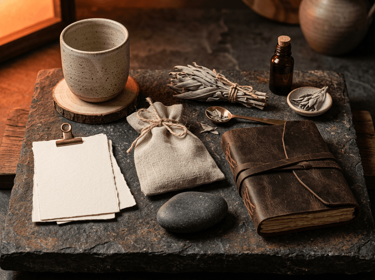 Calm ritual starter kit with ceramic cup, prompt cards, pouch, and journal