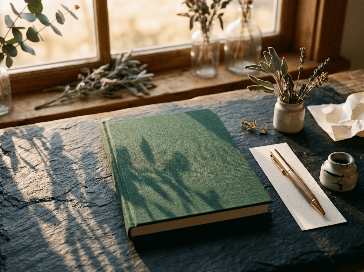 Premium wellness journal with a pen on a dark stone desk