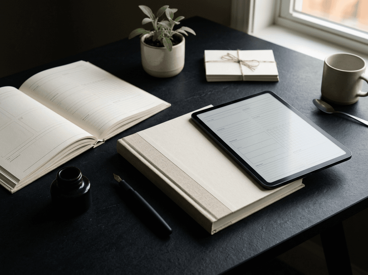 Premium digital course workbook and tablet arranged on a dark desk