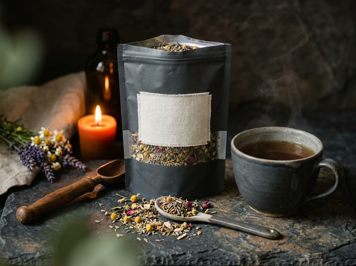 Premium evening tea blend pouch with loose botanicals and ceramic cup