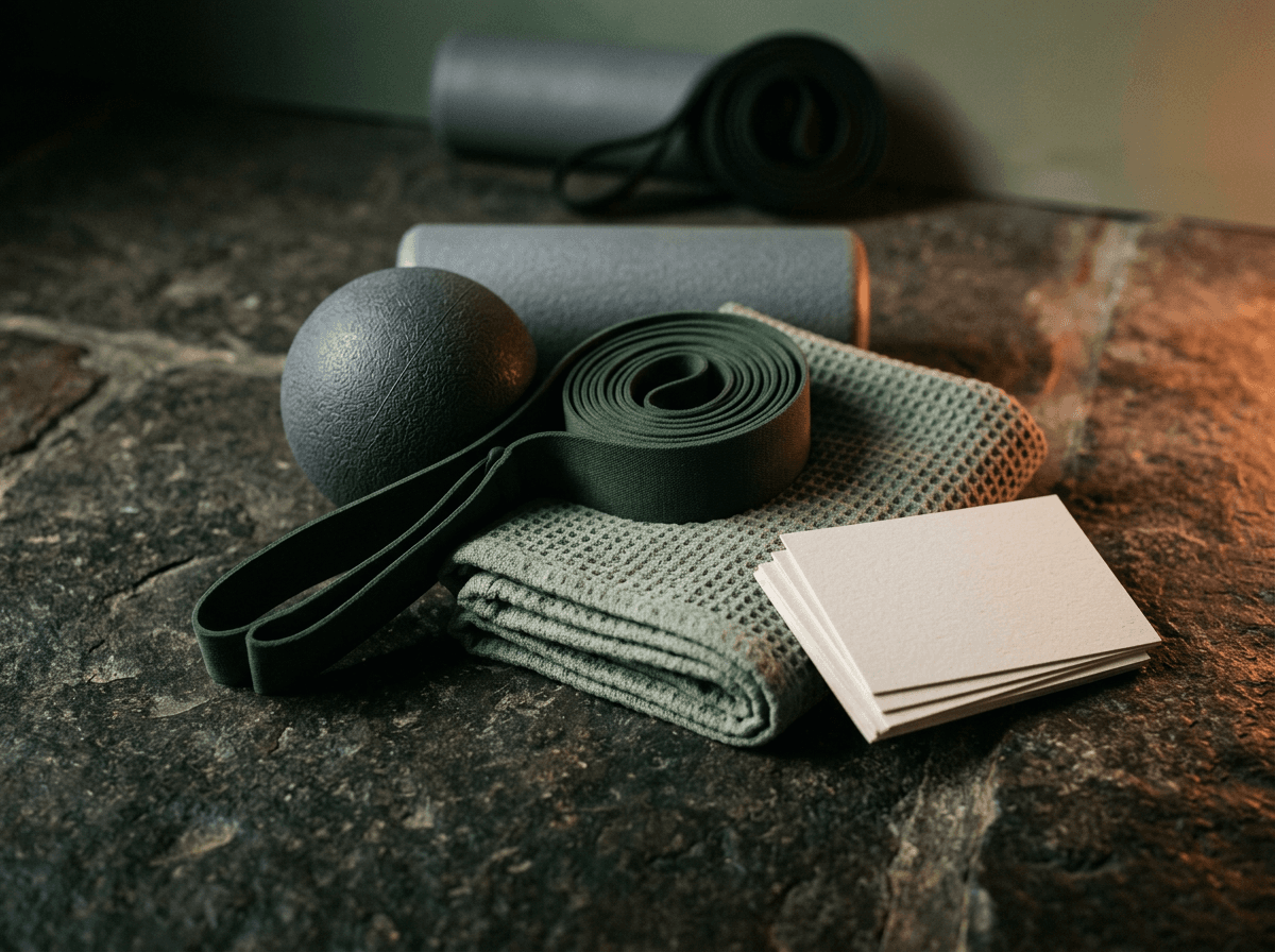 Recovery tools bundle with mobility ball, resistance band, towel, and prompt cards