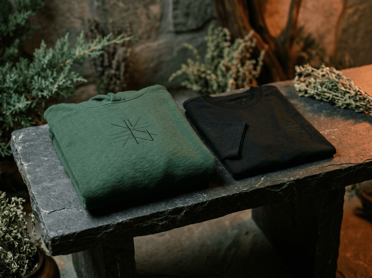 Folded premium forest and obsidian apparel on a dark stone bench