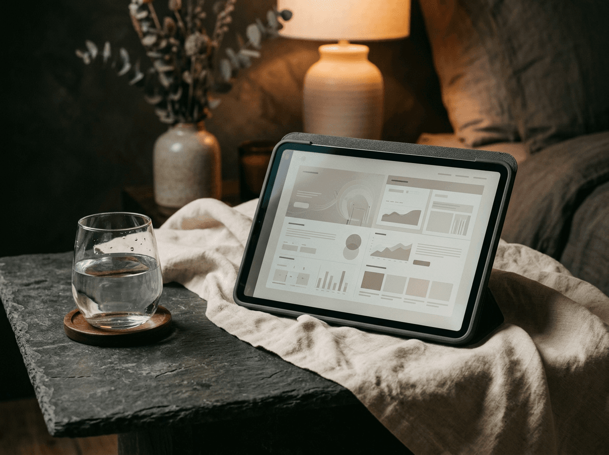 Premium digital protocol guide for skin and sleep routines on a nightstand
